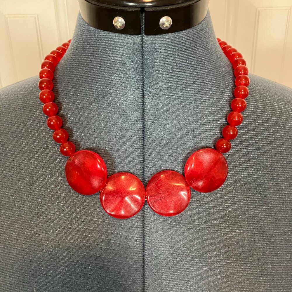 Handcrafted Red Jade Wavy Coin Disc Pendant Necklace (19-1/2" Long) - Picture 4 of 4